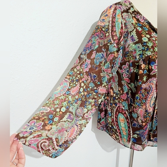 NorthStyle Women's Boho Paisley Blouse Size 6 Brown Multicolor Long Sleeve Top - Picture 2 of 11
